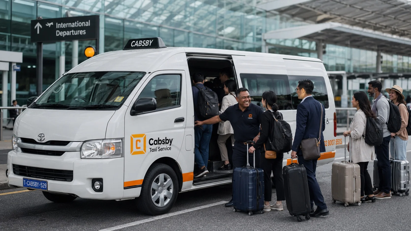 Cabsby taxi at Sydney Airport with business passengers and luggage