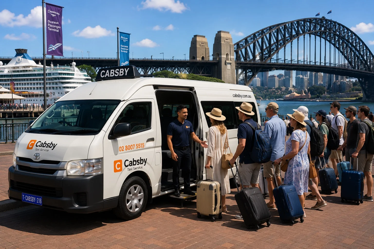 Cabsby group taxi at Circular Quay cruise terminal with Sydney Harbour Bridge