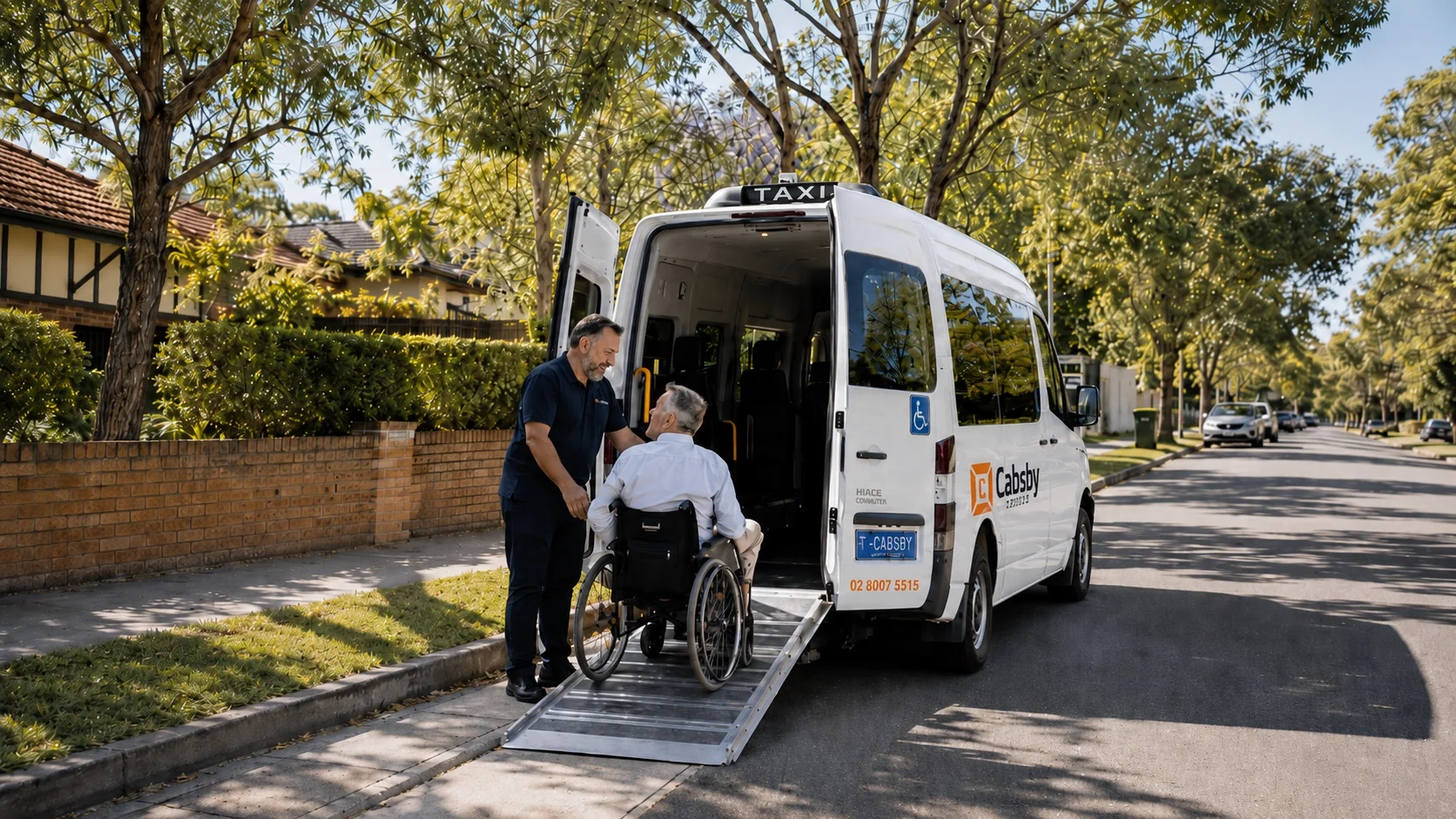 Cabsby wheelchair accessible taxi with driver helping passenger up rear ramp